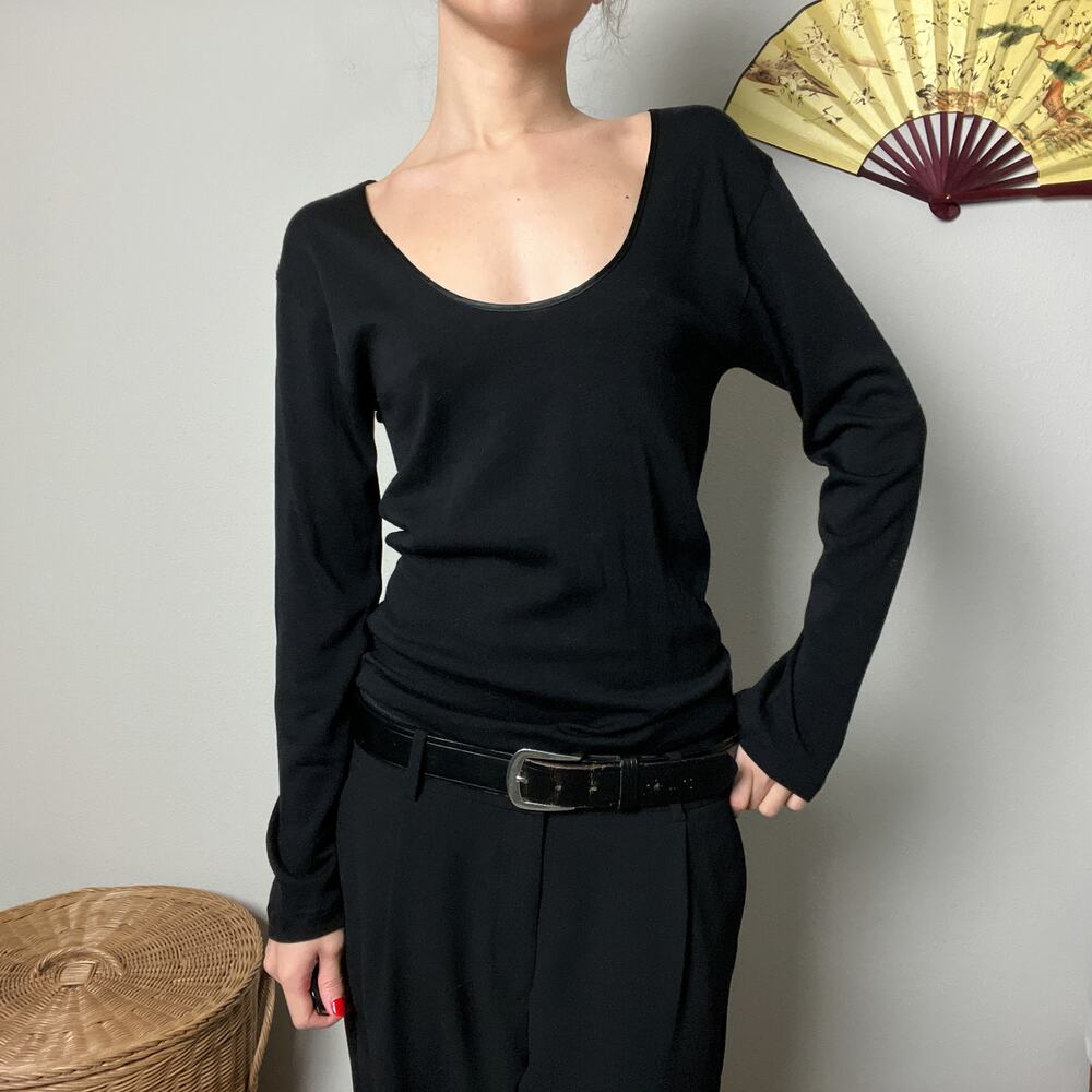 vintage black wool cotton minimalist scoop neck long sleeve knit blouse top